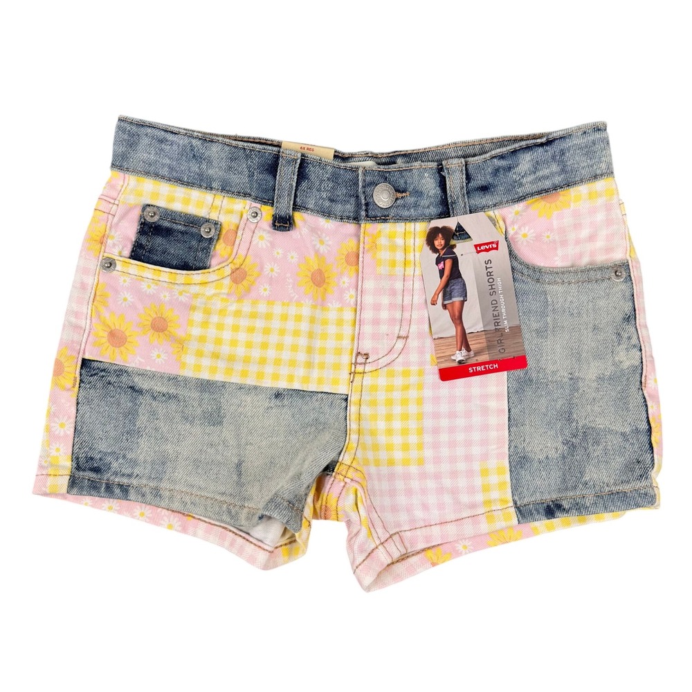 Levis Girlfriend Shorts Girls 6X Pink Yellow Patchwork Gingham Floral Stretch